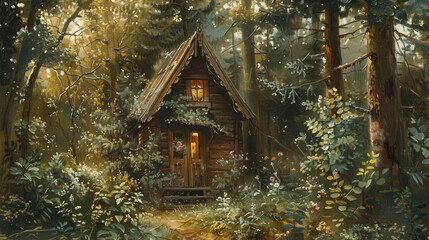 A painting of a small wooden cabin in a dense forest, surrounded by lush green trees and vines, with soft morning sunlight filtering through the branches