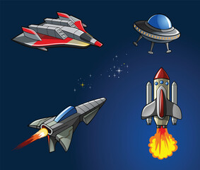 Set of spaceships or rocket ships or UFO in universe, isolated on background, vector illustration