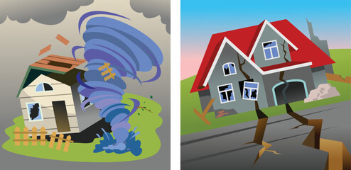 Natural disasters, tornado and earthquake, catastrophes of the world, vector illustration