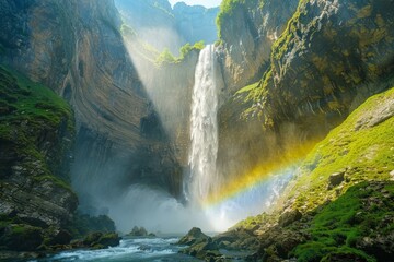 A magnificent tall waterfall cascading down grand rocky cliffs into a serene pool with mist and sunlight creating a brilliant rainbow, highlighting the natural wonders.