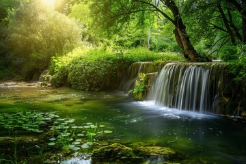 A small idyllic waterfall tumbles into a reflective pool in a lush green forest, capturing the tranquility and serenity of nature's untouched beauty and peaceful ambiance.