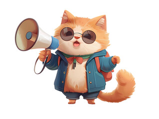 Fototapeta premium cute cartoon cat in casual clothes and backpack and wear sunglasses hold megaphone isolated transparent background