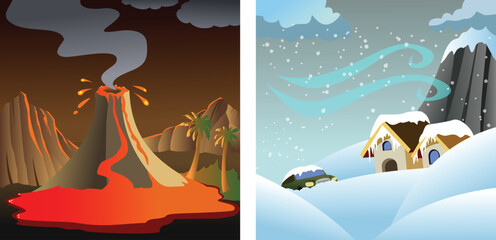 Natural disasters, volcano eruption and snowfall, catastrophes of the world, vector illustration