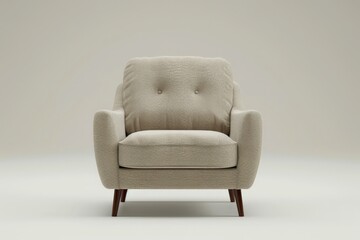 A cozy, beige armchair with wooden legs, shown on a light background, featuring a plush cushioned seat and backrest, ideal for a modern living room setup.