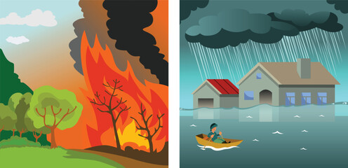 Natural disasters, fire and flood, catastrophes of the world, vector illustration