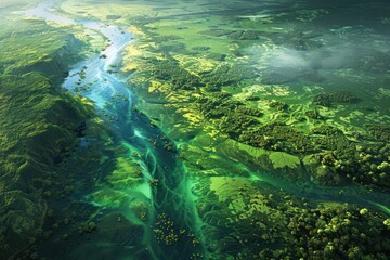 aerial view of lush green landscape with clear river running through it all under protective ozone layer The scene is bathed in natural light highlighting the purity of the environment