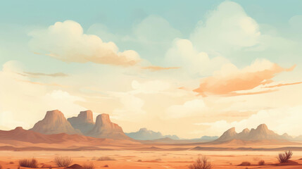 Naklejka premium Vast and Arid Desert Landscape with Red Rock Formations Under a Clear Blue Sky