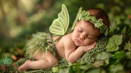 Newborn baby girl wearing a fairy costume with green wings and a floral headband, sleeping peacefully on a bed of green leaves. The scene is whimsical and serene