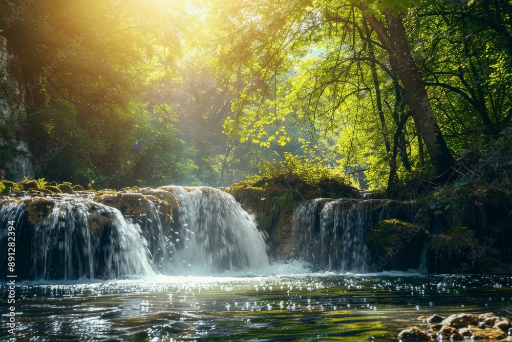 Poster a breathtaking view of a glistening waterfall situated in a sunlit forest, with sparkling water crea