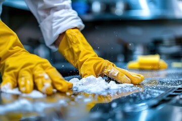 Chef Demonstrates Meticulous Hygiene Practices While Cleaning a Countertop in a Commercial Kitchen A Visual Guide to Food Safety Standards