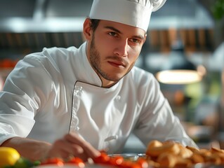 Professional Chef Maintaining a Clean and Orderly Kitchen Environment, Emphasizing Food Safety and Hygiene Practices