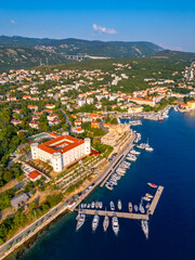 Fototapeta premium Perfect vertical summer panorama cityscape of Kraljevica, Croatia. Castle Zrinski-Frankopan view from drone