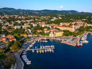 Aerial panoramic view of Kraljevica, Croatia. Croatian Adriatic coast from drone