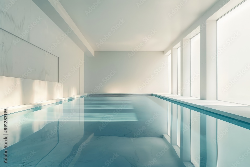 Fototapete a refined minimalist indoor pool scene, highlighted by clean lines and bathed in soft sunlight refle