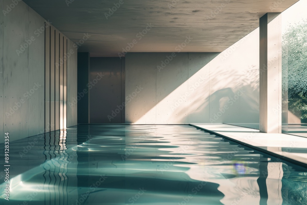 Aufkleber This image features a modern indoor pool bathed in natural light creating beautiful reflections on the water. The design includes simple, clean lines in a tranquil setting.