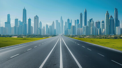 A wide highway leads to the city skyline
