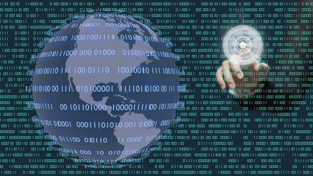 Filmato. Illustrazione 3D. Sfondo mondo digitale. Sequenza di zero e uno concetto di connessione globale tra persone, social network, e dispositivi informatici