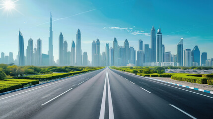 A wide highway leads to the city skyline