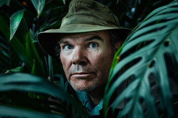 Obraz premium A man with a serious expression wears a green hat and peers through dense jungle foliage, capturing a moment of exploration and determination in the wild.
