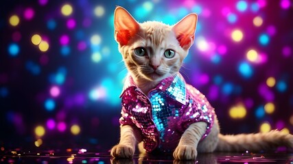 imaginative animal notion. Copy text area to see the disco neon glitter glam glossy glow sequin attire on a Devon Rex cat feline kitten. advertising, editorial, and commercial invitations to parties