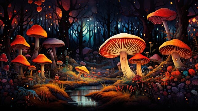 Enchanting Forest with Glowing Mushrooms and Stream.