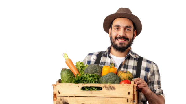 Smiling man wearing a hat and plaid shirt holding a wooden crate filled with fresh vegetables including carrots, broccoli, and bell peppers. The image is ideal for themes related to farming - Powered by Adobe