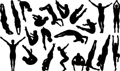 Set of male diving board diving silhouette vector illustrations