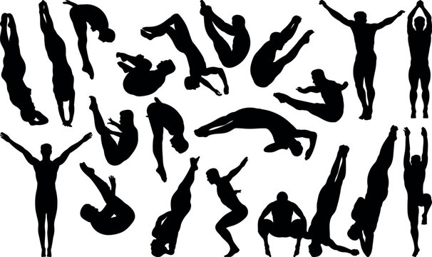 Set of male diving board diving silhouette vector illustrations