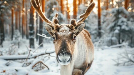 Fototapeta premium Snowflakes settling on the antlers of a reindeer in a wintry forest.