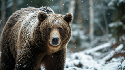 Fototapeta premium Brown bear in the winter forest. AI generative.