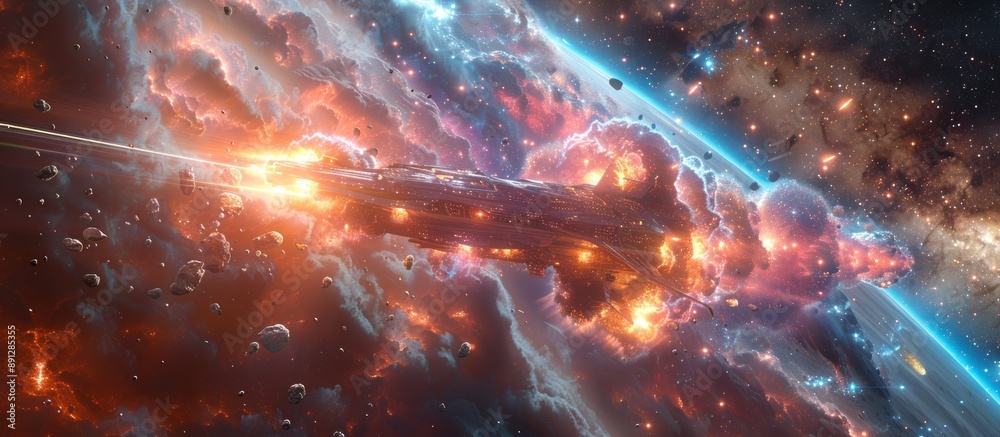 Wall mural spaceship exploding in colorful interstellar space battle
