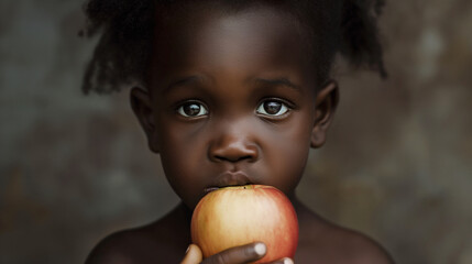A young black child holds a red apple close and gazes earnestly with wide, curious eyes, conveying innocence, wonder, and simplicity against a neutral background, captured in a moment of stillness.