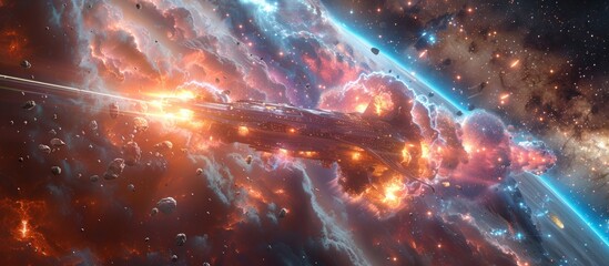 Spaceship exploding in colorful interstellar space battle