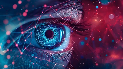 Artificial intelligence. Eye working with digital data, abstract network information background, banner with cyber security theme.