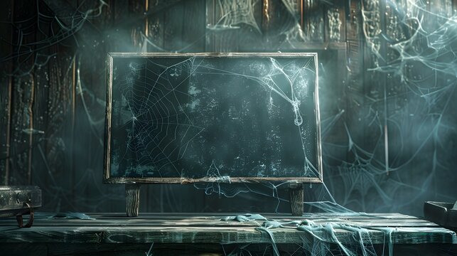 Spooky Halloween Background with Cobwebs and a Blackboard.