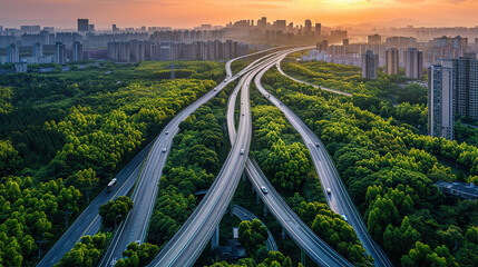 Aerial view of a highway intersection in a green forest with a city skyline at sunset