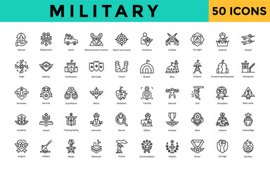 Military icon set with mission, deployment, patrol, reconnaissance mission, search and rescue, extraction, combat, fire fight, ambush, assault icon. Simple line vector 
