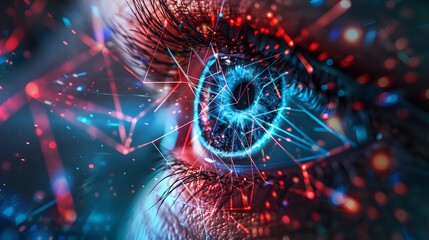 Artificial intelligence. Eye working with digital data, abstract network information background, banner with cyber security theme.