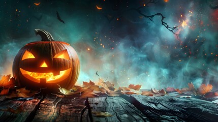 Naklejka premium Mystic Halloween Background, Jack O' Lanterns In Graveyard In The Spooky Night, Halloween background design