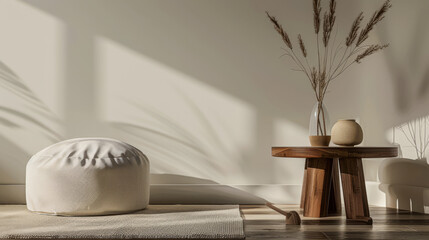 Minimalist serene corner in an apartment room with minimal decor and copy space. Relaxing and meditation spaces conceptual image.