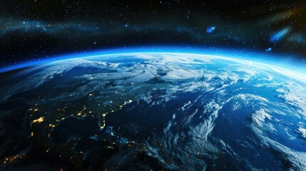 expansive view of the earth from space showcasing the ozone layer as shimmering blue shield The curvature of the earth is highlighted by the contrast of the dark space and the glowing atmosphere