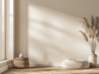 Minimalist serene corner in an apartment room with minimal decor and copy space. Relaxing and meditation spaces conceptual image.
