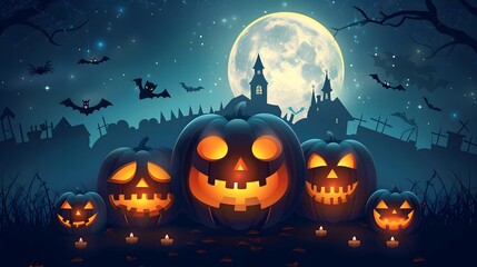 Fototapeta premium Mystic Halloween Background, Jack O' Lanterns In Graveyard In The Spooky Night, Halloween background design