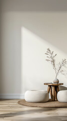 Minimalist serene corner in an apartment room with minimal decor and copy space. Relaxing and meditation spaces conceptual image.