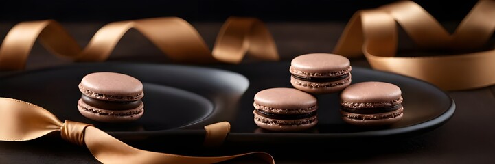 Closeup of Chocolate Macarons on a Black Plate With a Brown Napkin