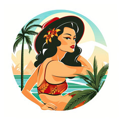 Vintage Tropical Woman with Hibiscus Flower Illustration
