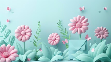 Whimsical floral illustration with pink flowers, green leaves, and flying butterflies against a light blue background, perfect for spring themes.