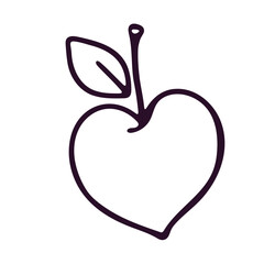A simple line drawing of a heart-shaped apple with a small leaf attached to the stem. The design is minimalistic and features clean, smooth lines. The apple is outlined in a dark color against a white