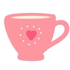 A pink cup with a heart design in the center, surrounded by small white dots. The cup has a rounded shape and a handle on the right side. 