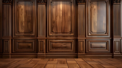 Classic premium luxury wood paneling wall background or texture. Highly crafted traditional wood paneling wall and floor, with a frame and column pattern